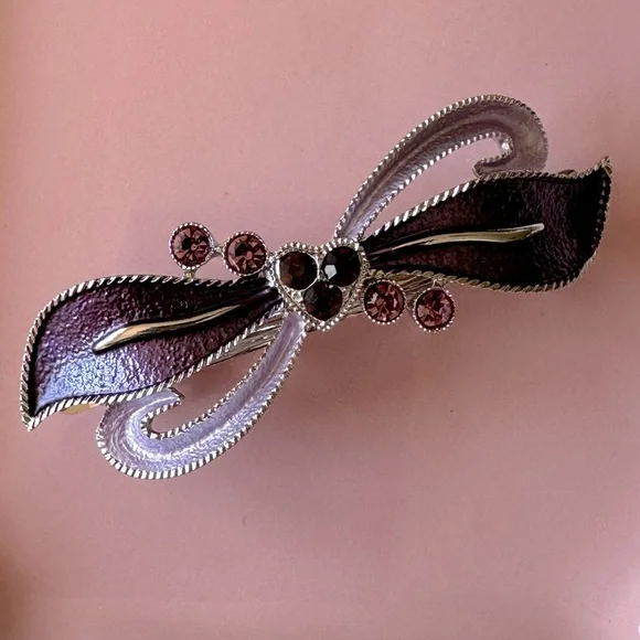 Purple Enamel and Crystal Bow & Heart Hair Barrette - Picture 3 of 7